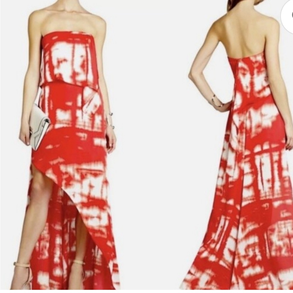 BCBGMAXAZRIA Daniella Dress Womens Size 2 Red Tie-Dye Strapless Hi-Low